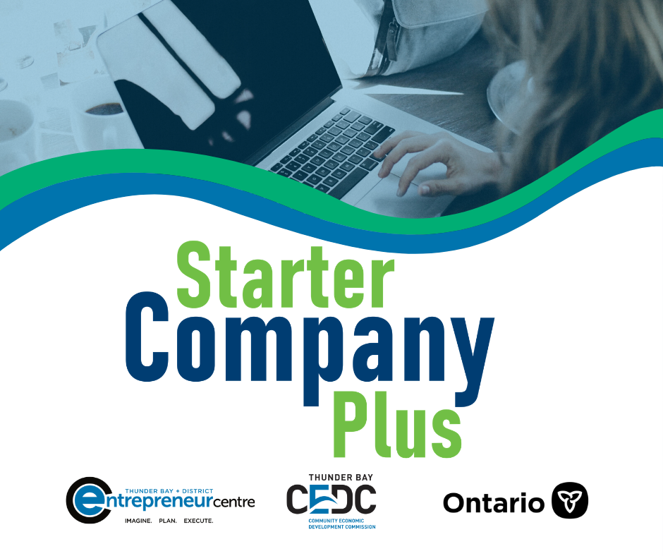 starter company plus logo, person on computer, blue and green, thunder bay cedc, funding