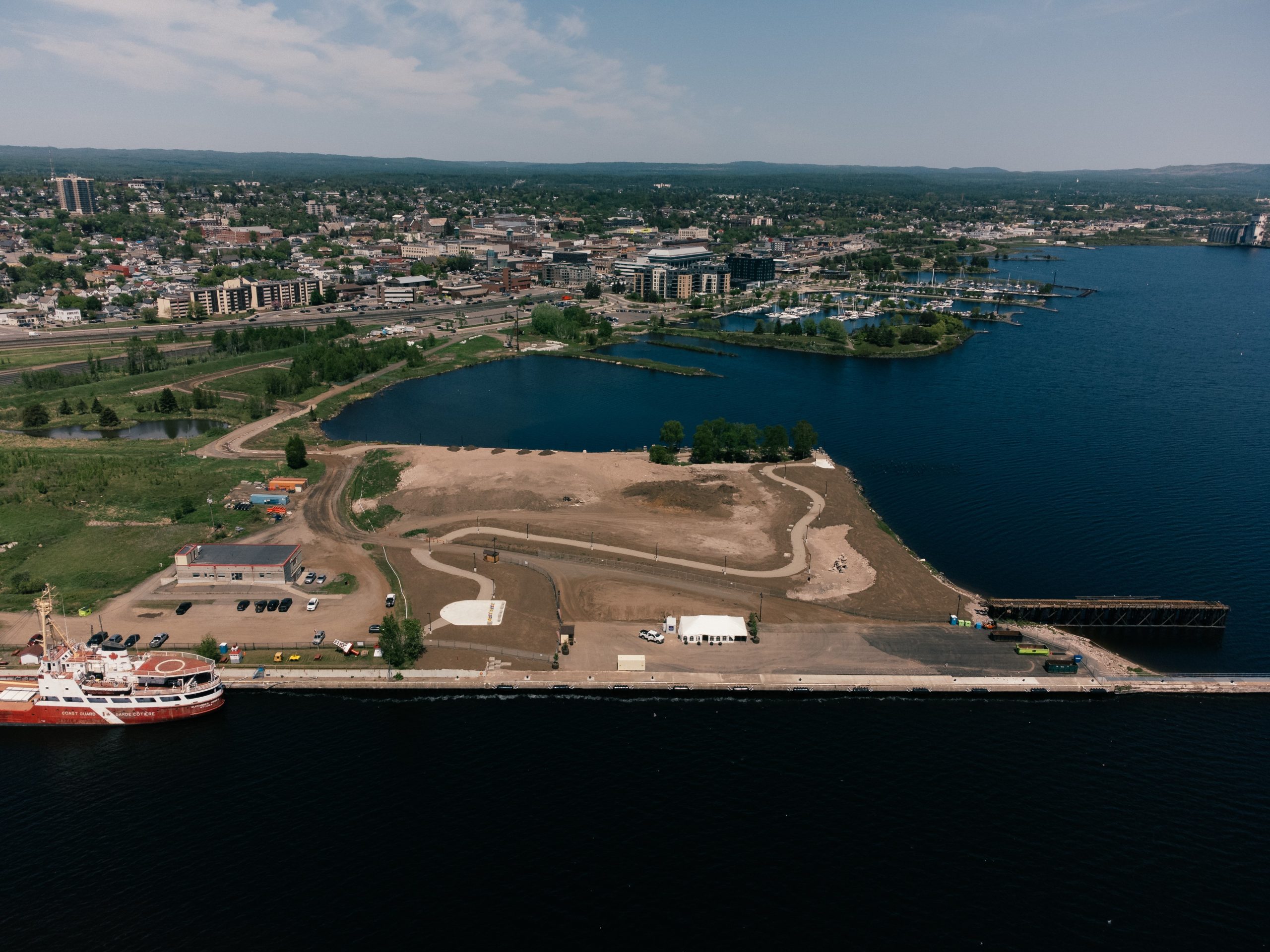 Areal shot of the waterfront - with construction happening by the water
