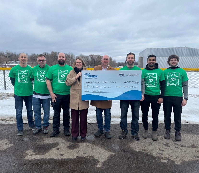 In the picture from left to right, Damien Ch’ng (Ultimate Frisbee), Robert Thibodeau (Thunder Bay Minor Football), Richard Bosch (Soccer Northwest), Jamie Taylor (CEDC CEO), Paul Pepe (Manager Tourism Thunder Bay), Michael Veneziale (Soccer Northwest), Abhiram Giri (Thunder Bay Cricket), and Lukas McArdle (Thunder Bay Men’s Soccer)