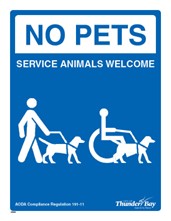 Blue and White no pets allowed signage (service animals welcome)