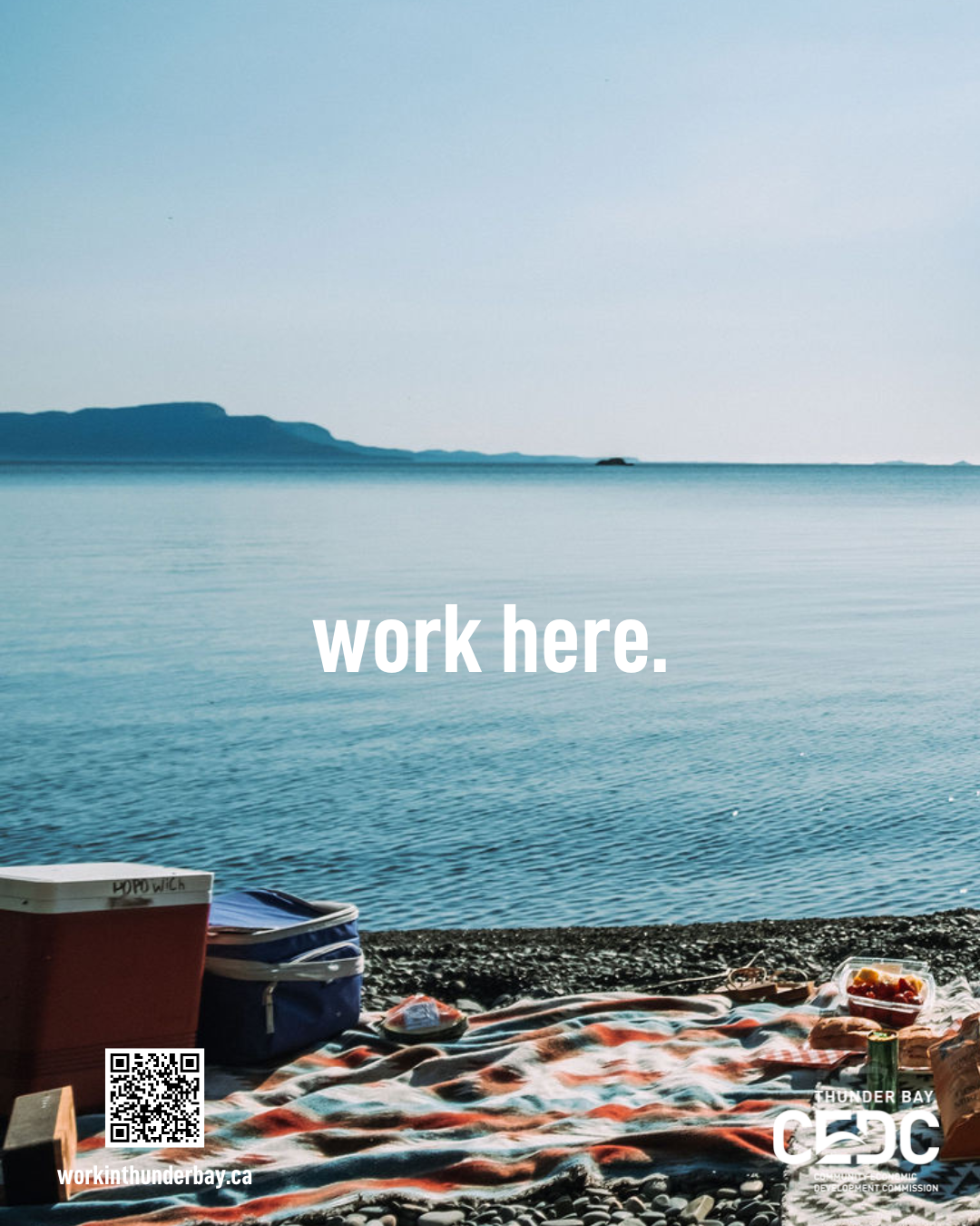 picnic set up - with blanket, cooler and snacks on the beach - with "Work Here" over the images